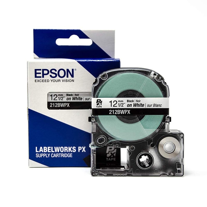 LABELWORKS Epson LABELWORKS 212BWPX PET (Polyester) Tape Cartridge - Black on White Standard Industrial Label Maker Tape - 1/2"" (12MM) Wide  30 ft - Image 1
